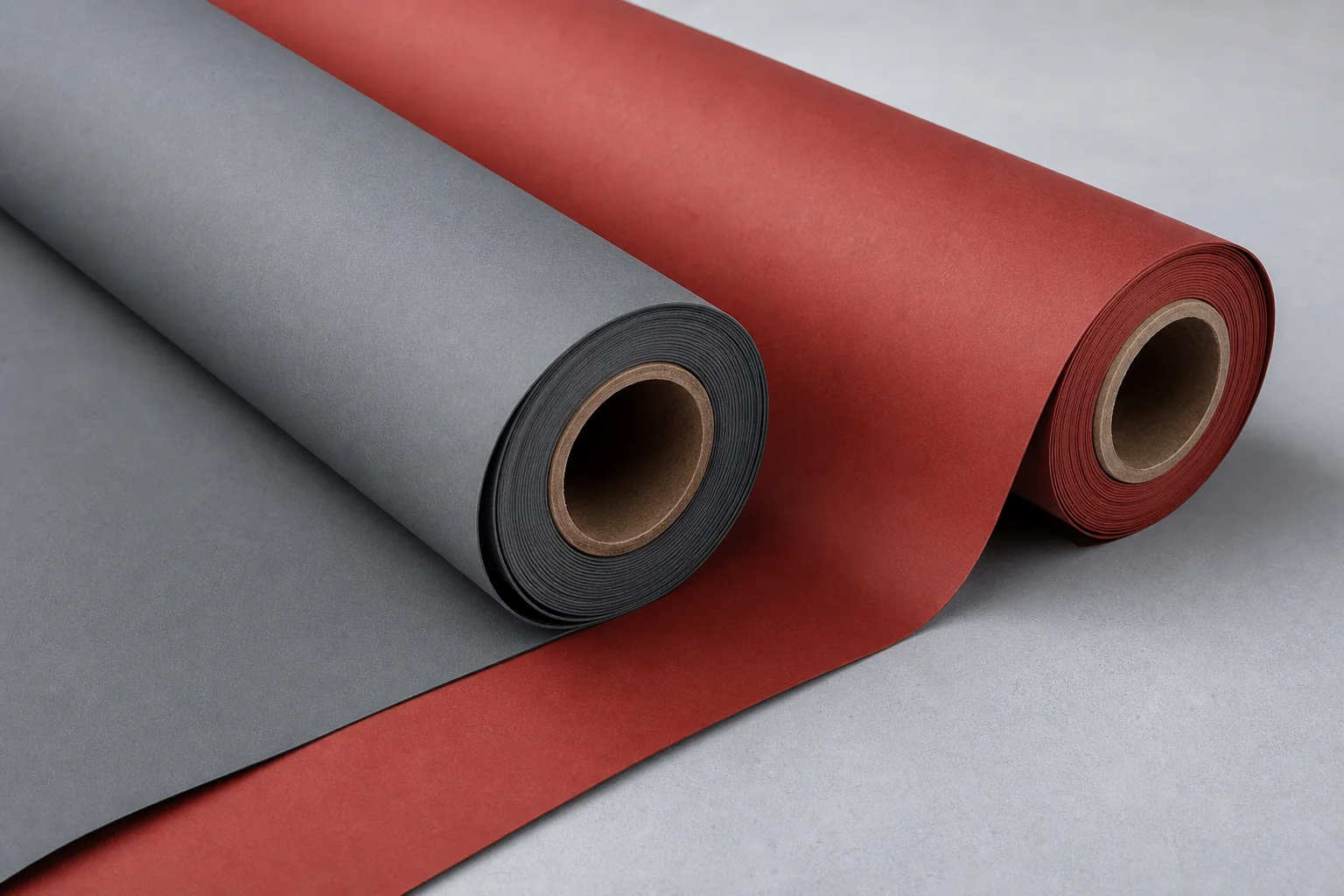 Close view of grey and muted red seamless backdrop paper rolls