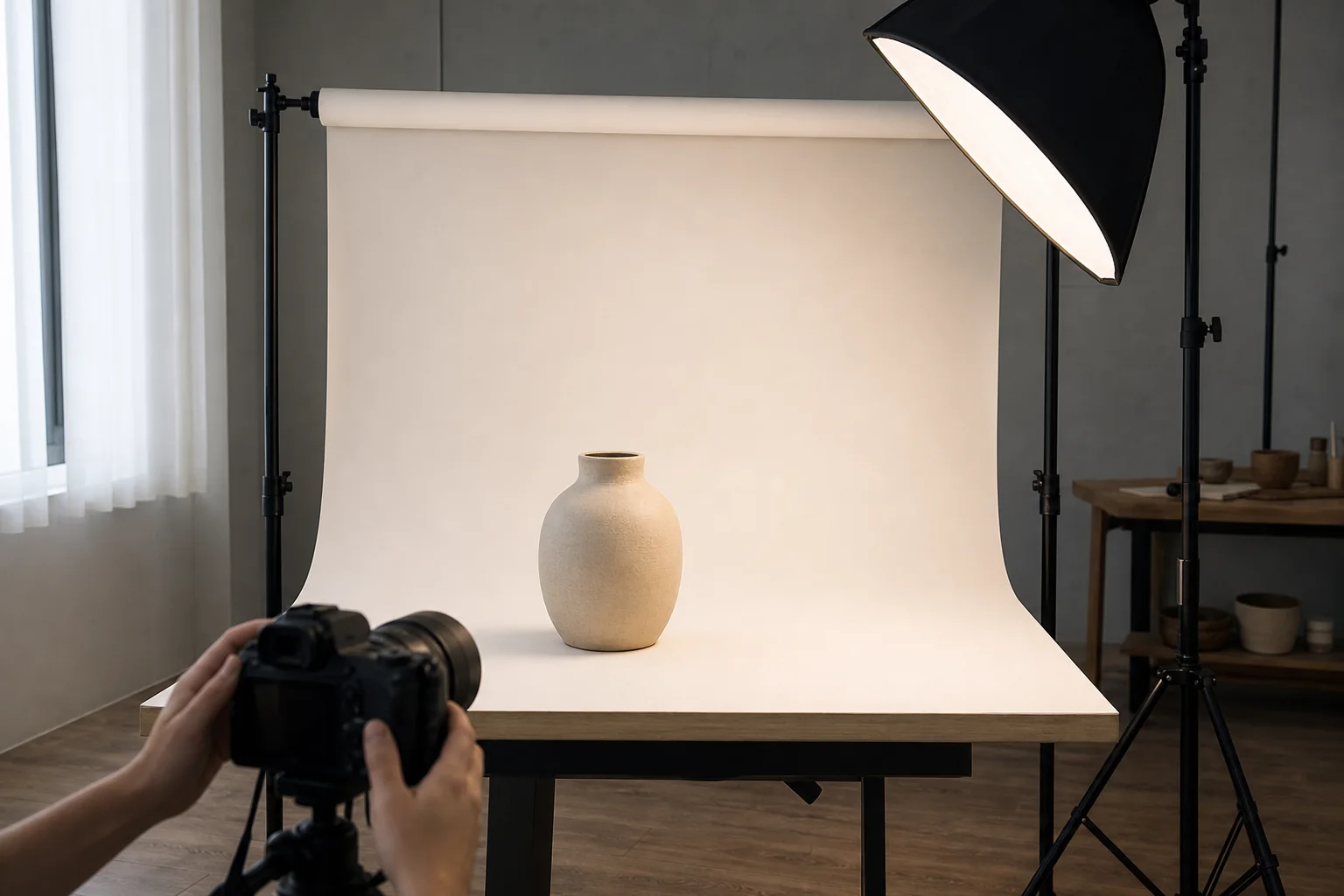Small product photography setup using a warm white seamless paper backdrop